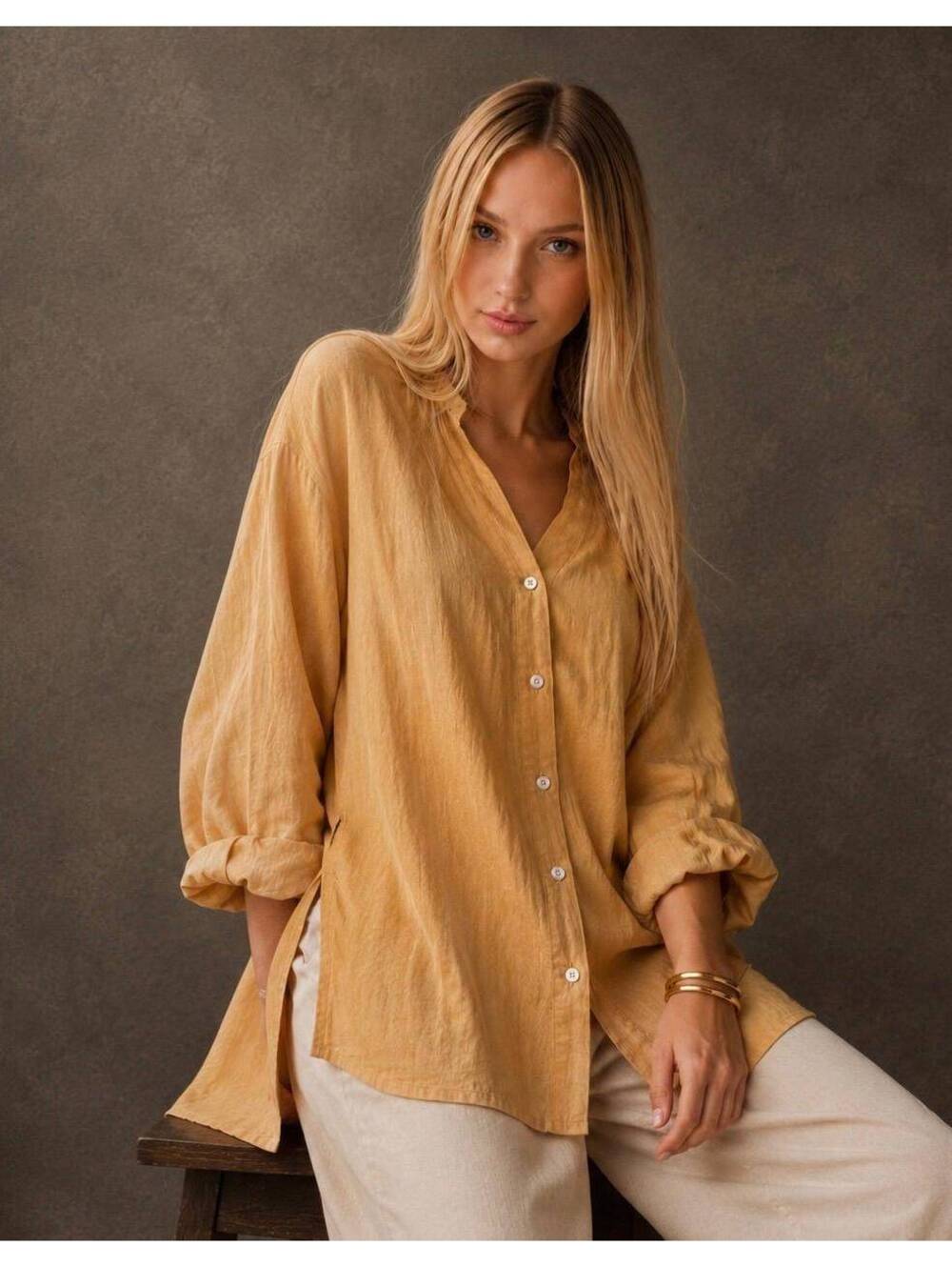A.P. Collection California Women's Medium Beige Linen Button-Up Shirt